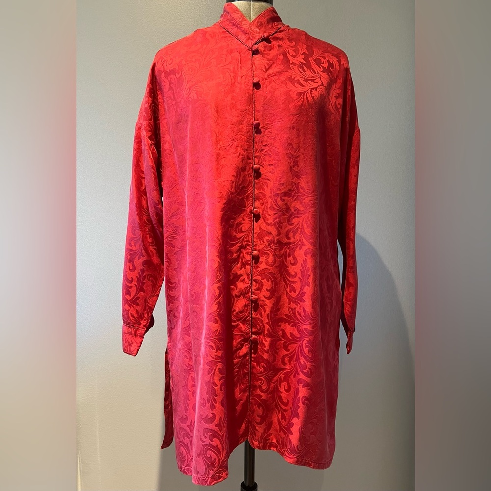 Vintage Treesha 100% Silk Jacquard Mandarin Collar Tunic Shirt Size M